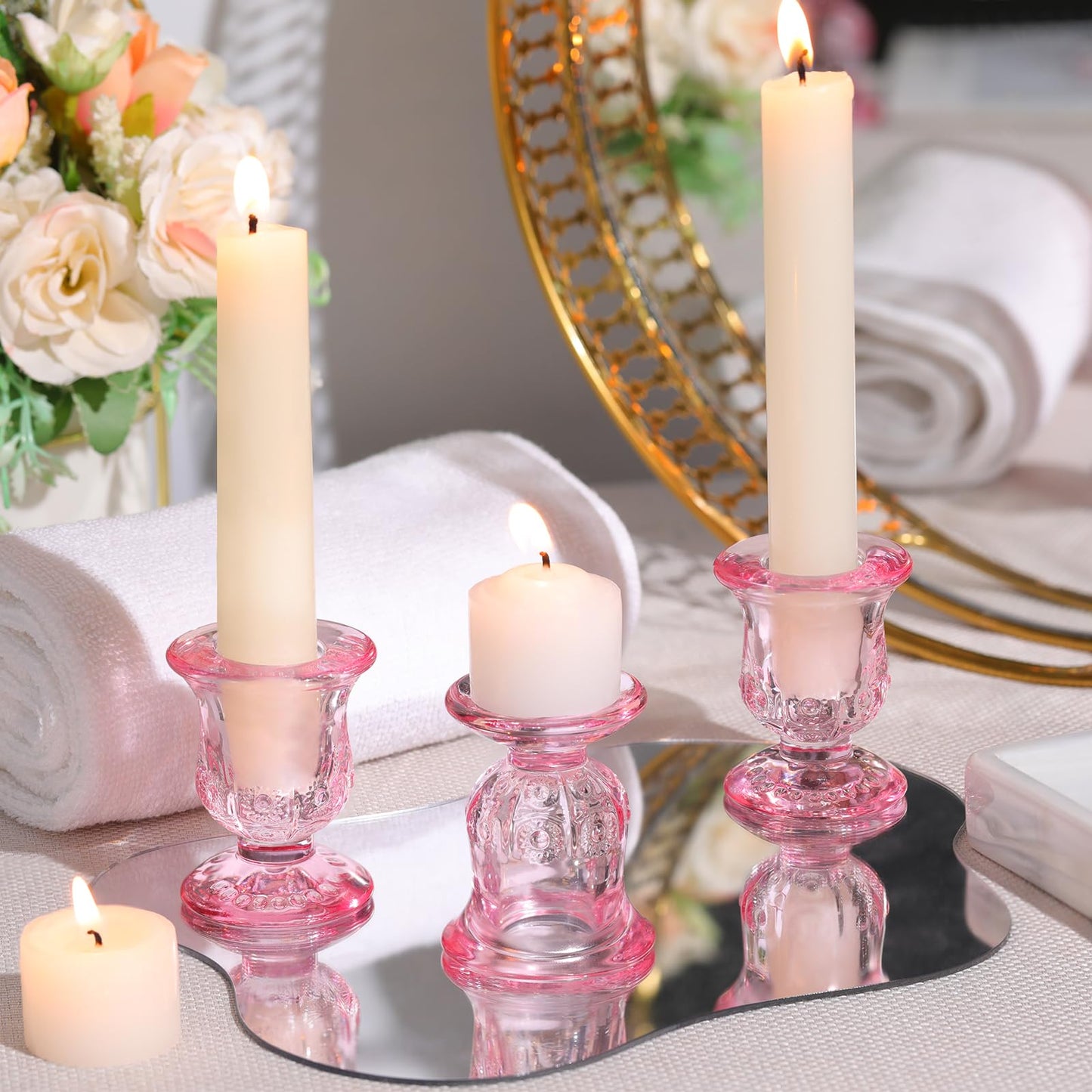 sunnyfuture 10pcs Pink Candlestick Holders, Glass Taper Candle Holders for Table Centerpiece Decor, Wedding, Valentine's Day, Mother's Day, Party Gift
