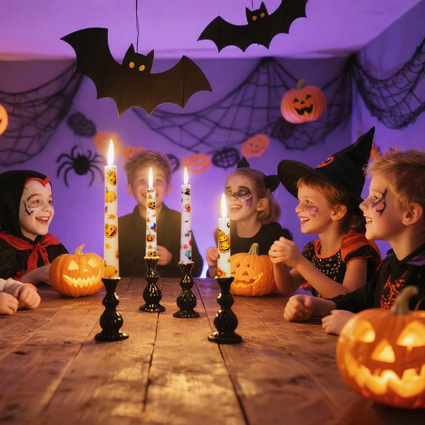 FYBW 10-Inch Halloween Taper Candle Set of 4,Pumpkin Skeleton & Bat Prints, Spider Web Spooky Dinner Candles,Gift for Festive Halloween Day Decoration,White
