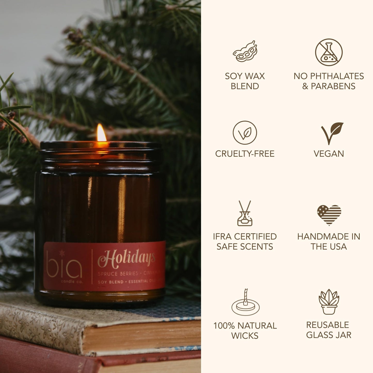 Bia Candle Co. Holiday, Spruce Berry Orange Clove Soy Candle, Cinnamon Pine Vanilla, Perfume-Inspired, High Fragrance Load, Lead-Free Wick, Reusable Glass Jar, Warm Spiced, 7 oz