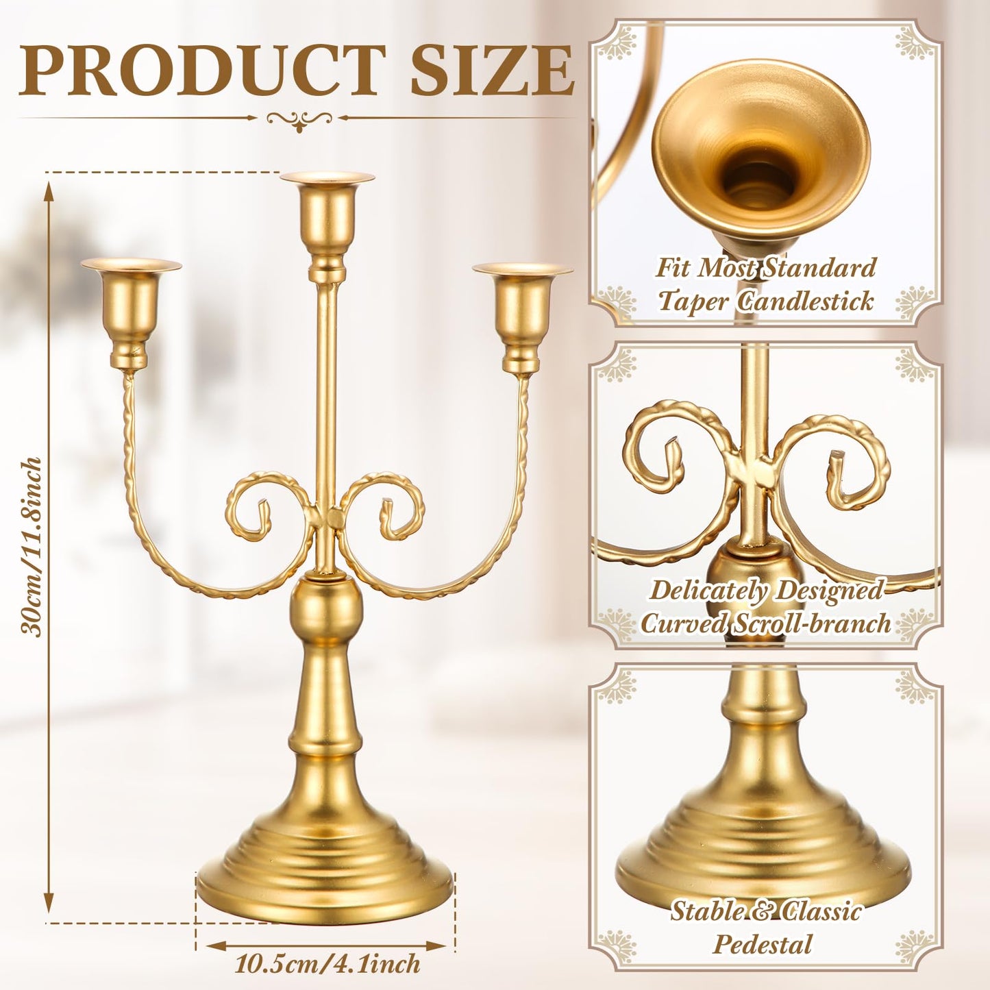 Hushee 6 Pcs Gold Candelabra Candle Stand Metal Candlestick Holder 3 Arm 12 Wedding Candlestick Holder for Theme Party Table Centerpieces Wedding Holiday Birthday Party