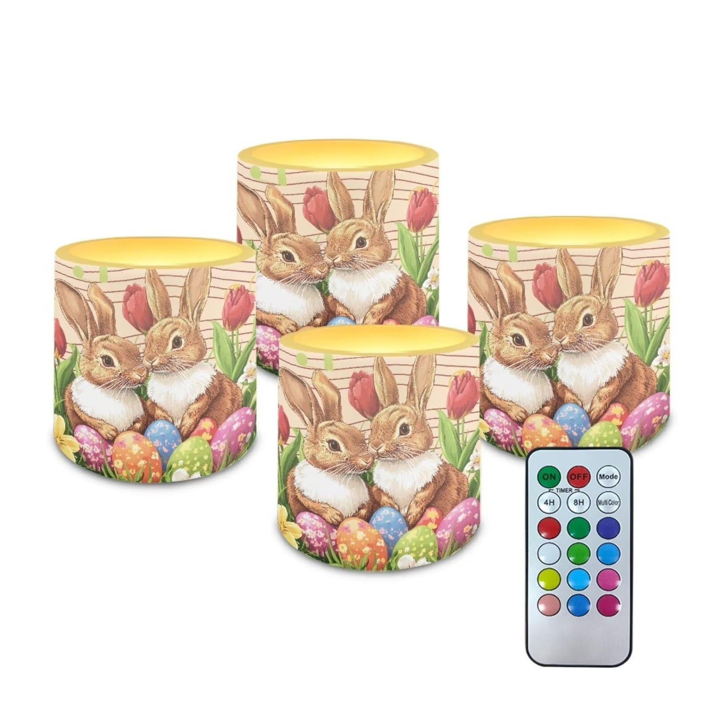 Merkmak 4 Pack Floral Bunny Egg LED Candles Flickering Flameless Candles with Remote and Timers Battery Operated Tea Lights with Remote Pillar Battery Tea Lights for Easter Day Party