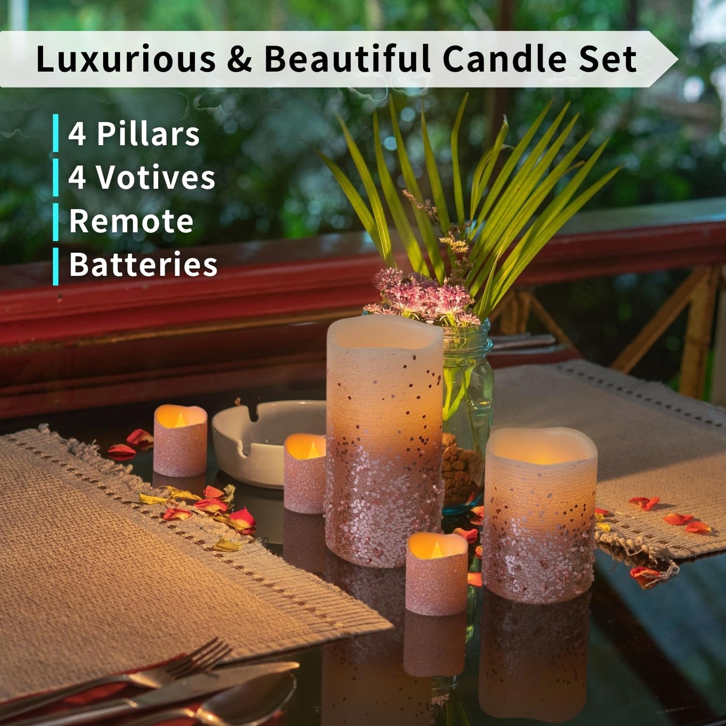 FURORA LIGHTING Pink Glitter Flameless Candles - Real Wax, Adjustable Brightness, Remote & Timer - 4 Pillars (3x4, 3x6) and 4 Votives, 8-Pack, Battery Operated