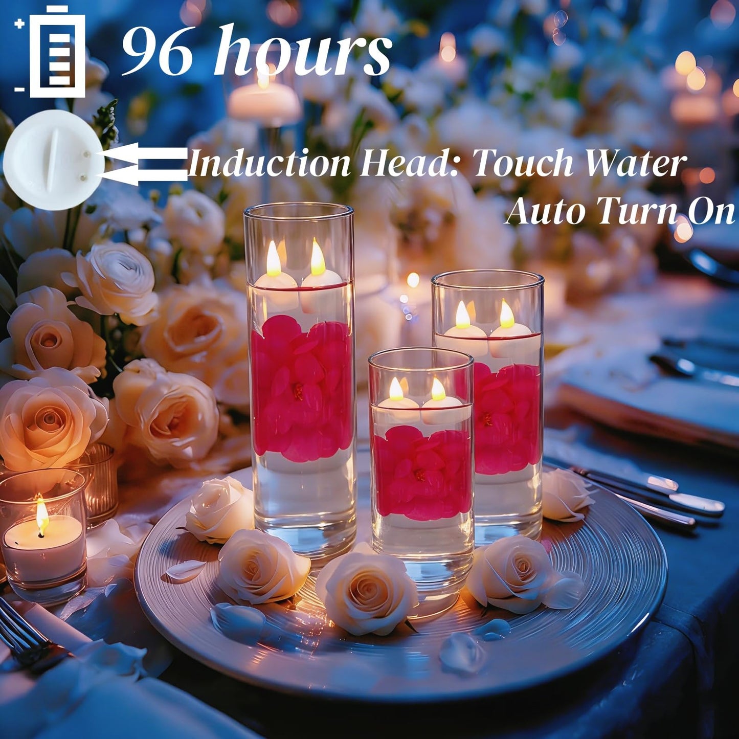 Qazcnd 24 Pack Flameless Led Floating Candles and Floating Artificial Flower Battery Operated Waterproof Tea Lights for Cylinder Vases Centerpieces at Wedding, Party, Pool Decor Rosered