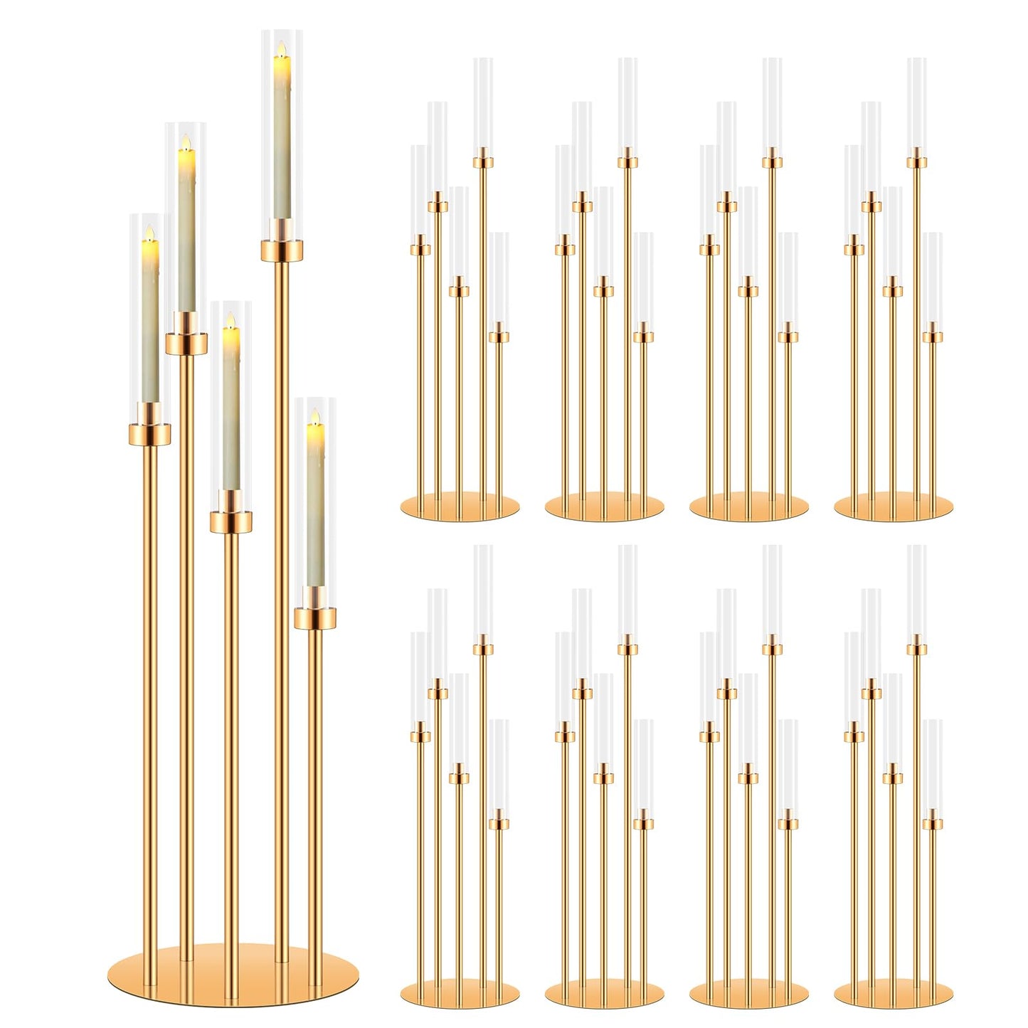 8 Set 5 Arm Gold Candle Holder, Mjkeomo 41.3'' Tall Candelabra Centerpieces for Tables Gold Candlesticks Holder for Housewarming Gift Fireplace Dinner Halloween Christmas Decor Fit 0.82'' LED Candle