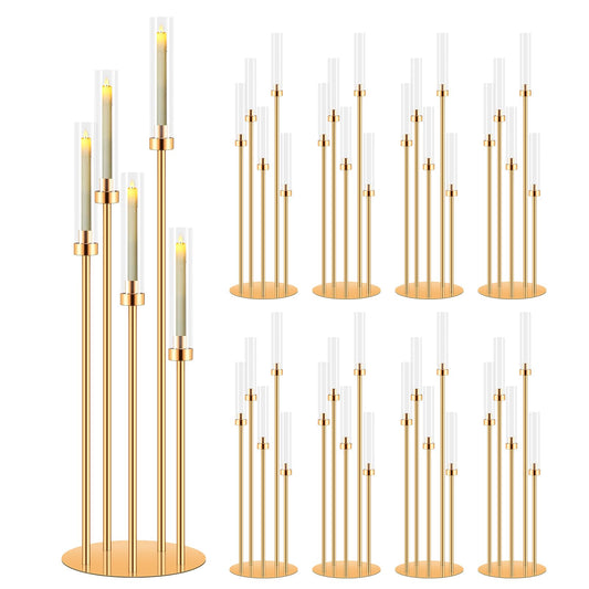 8 Set 5 Arm Gold Candle Holder, Mjkeomo 41.3'' Tall Candelabra Centerpieces for Tables Gold Candlesticks Holder for Housewarming Gift Fireplace Dinner Halloween Christmas Decor Fit 0.82'' LED Candle