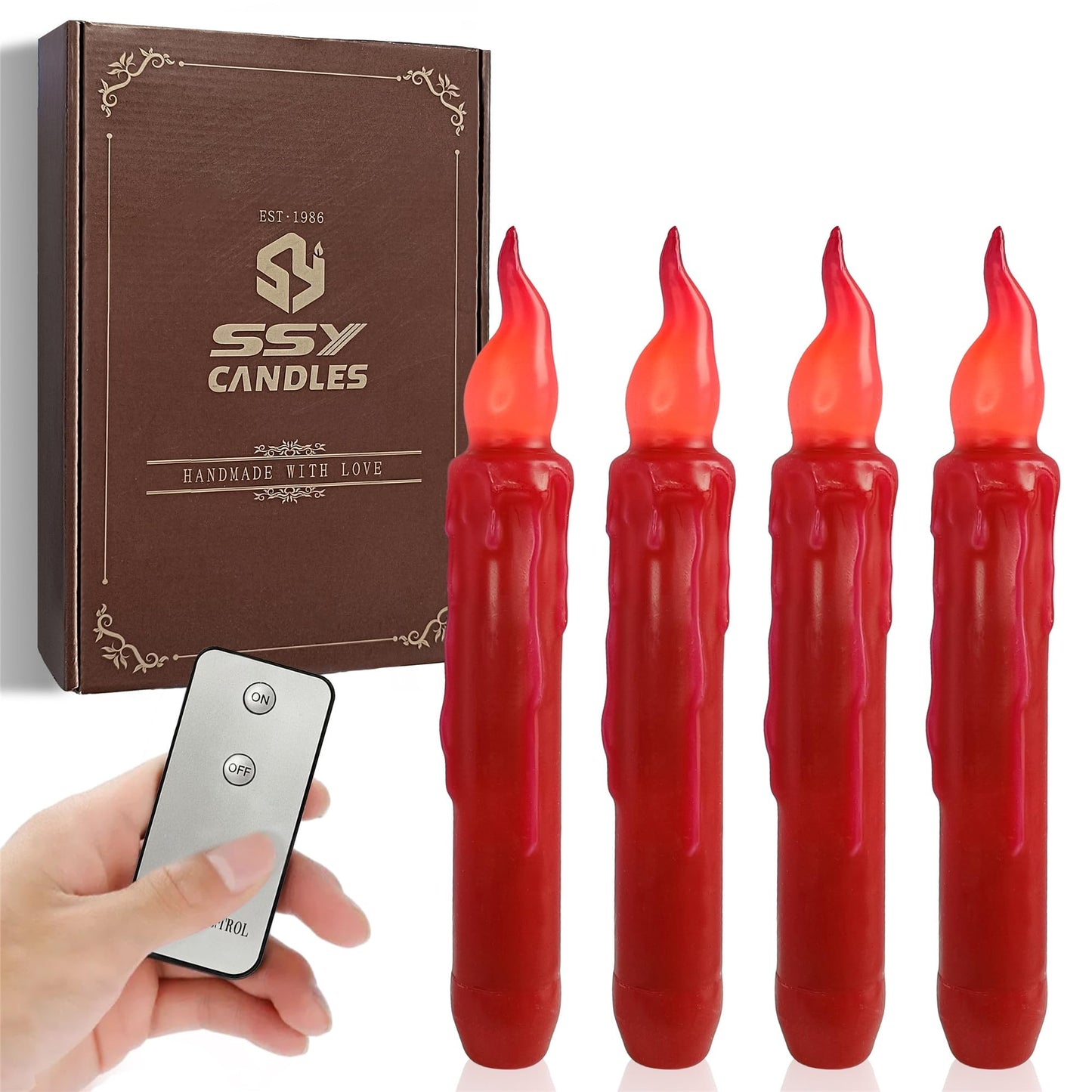 Gedengni Red Candlesticks Flameless Taper Candle, 4pcs Short LED Tapered Candles Remote Dipped Candle 6inch Battery Chandelier for Enchanting Christmas Harry Potter Inspired Vigils,R