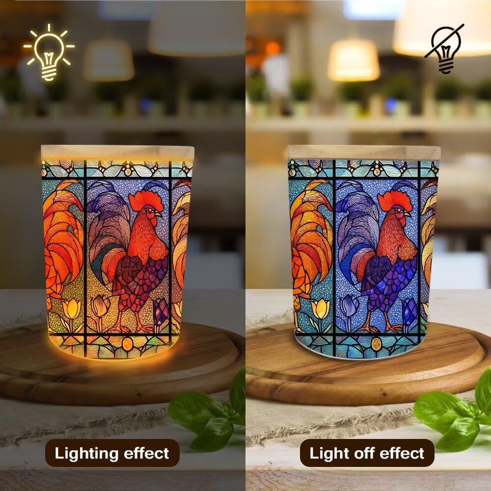 Stained Glass Roosters Tea Light Candle Holders, Country Chicken Tealight Candle Holder Jar with Wooden Lid, Farm Style Votive Candlesticks for Table Centerpieces,Christmas,Birthday Party