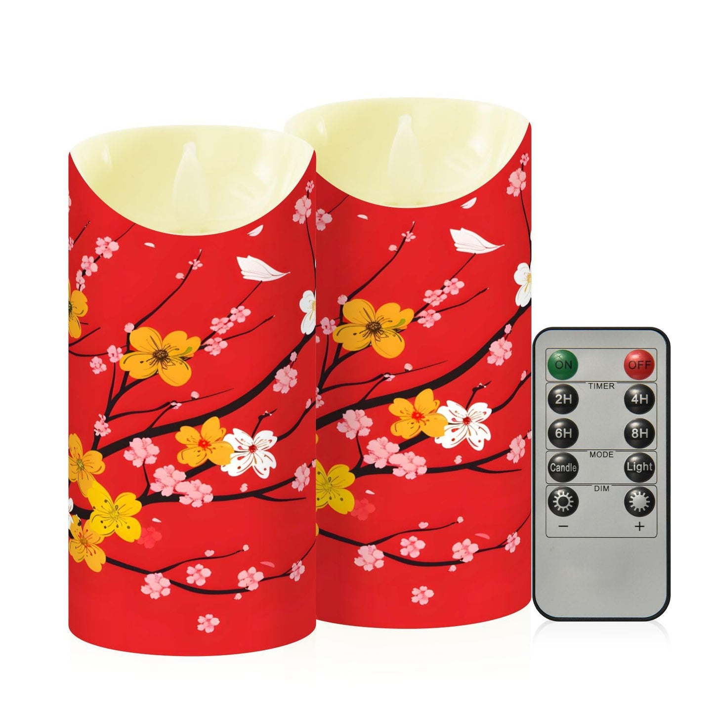ALAZA Red Cherry Blossom Japanese01 Flickering Flameless Candles Battery Operated with Remote Timer,Tea Light Candles LED Pillar Votive Set of 2 for Outdoor Indoor Decorations 3" x5.9"