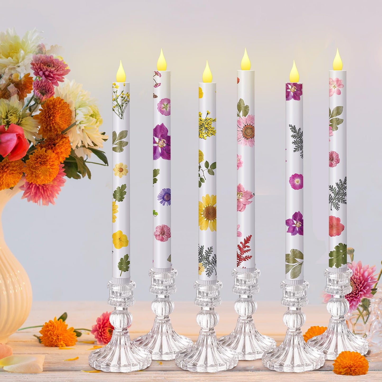 Nuanchu 6 Pcs Mother's Day Floral LED Flameless Taper Candles 10.6 Inch Pastel Dried Flower Flameless Candles Battery Operated Candlestick for Home Wedding Garden Summer Party Decoration