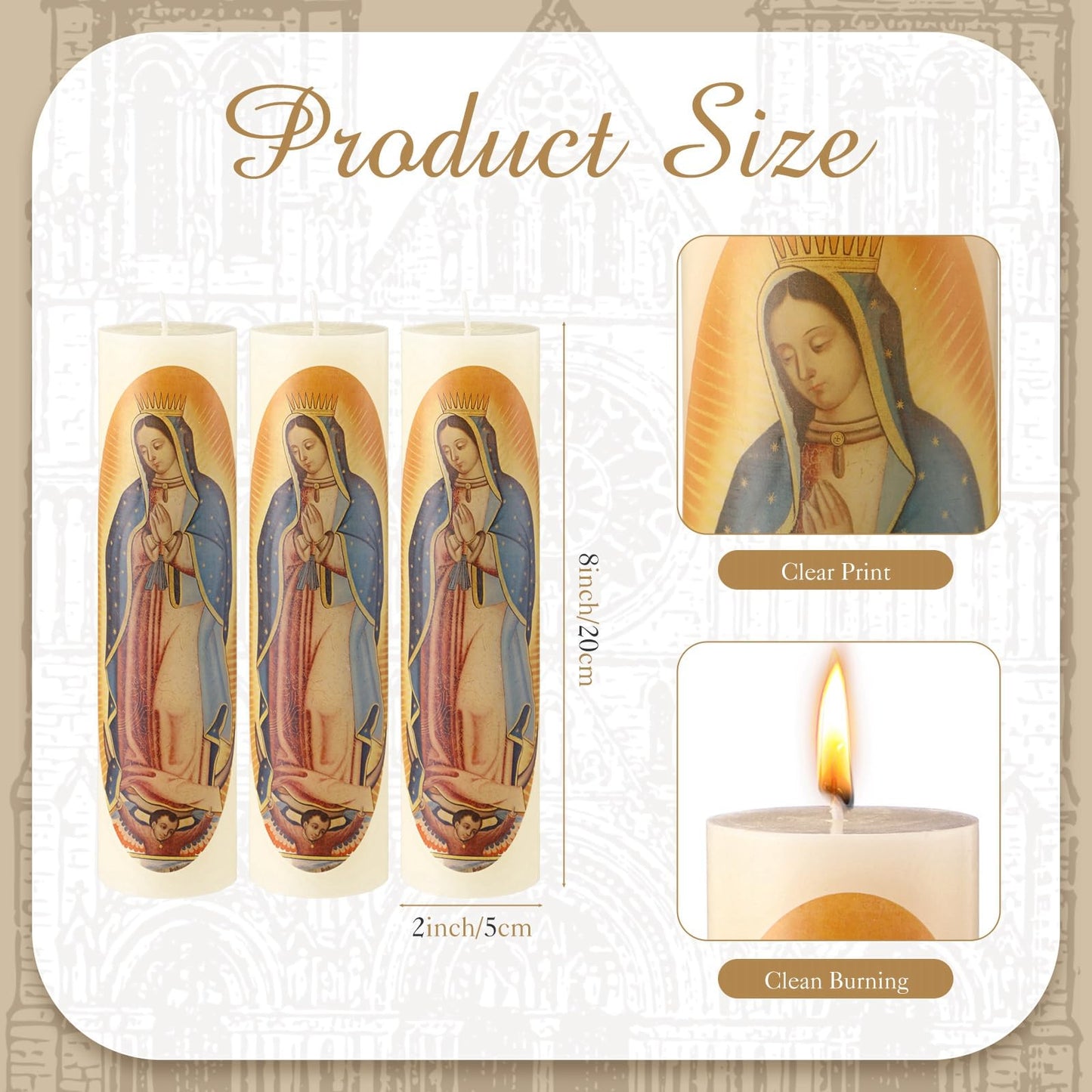 Conelist 3 Pcs Virgen De Guadalupe Candle Virgin Mary Candles Catholic Candle Religious Prayer Candles Decoration Burning Clean Unscented Religious Decoration Gift Idea for Mother's Day Birthday