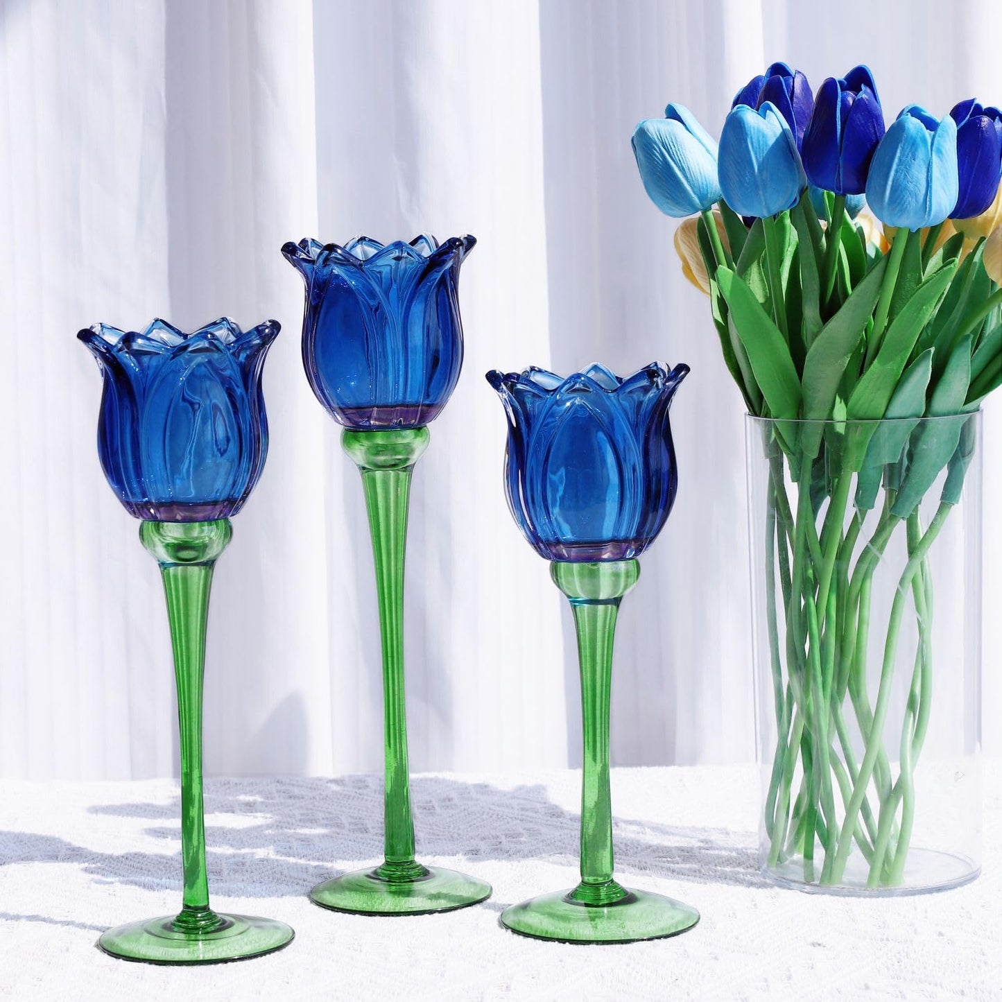 VOHO Blue Flower Tealight Candle Holder Set of 3 with Different Heights, Lovely Tulips Tea Light Candle Holder Glass Table Centerpieces for Dining Room Bookcase, Blue Votive Candle Holders Home Decor
