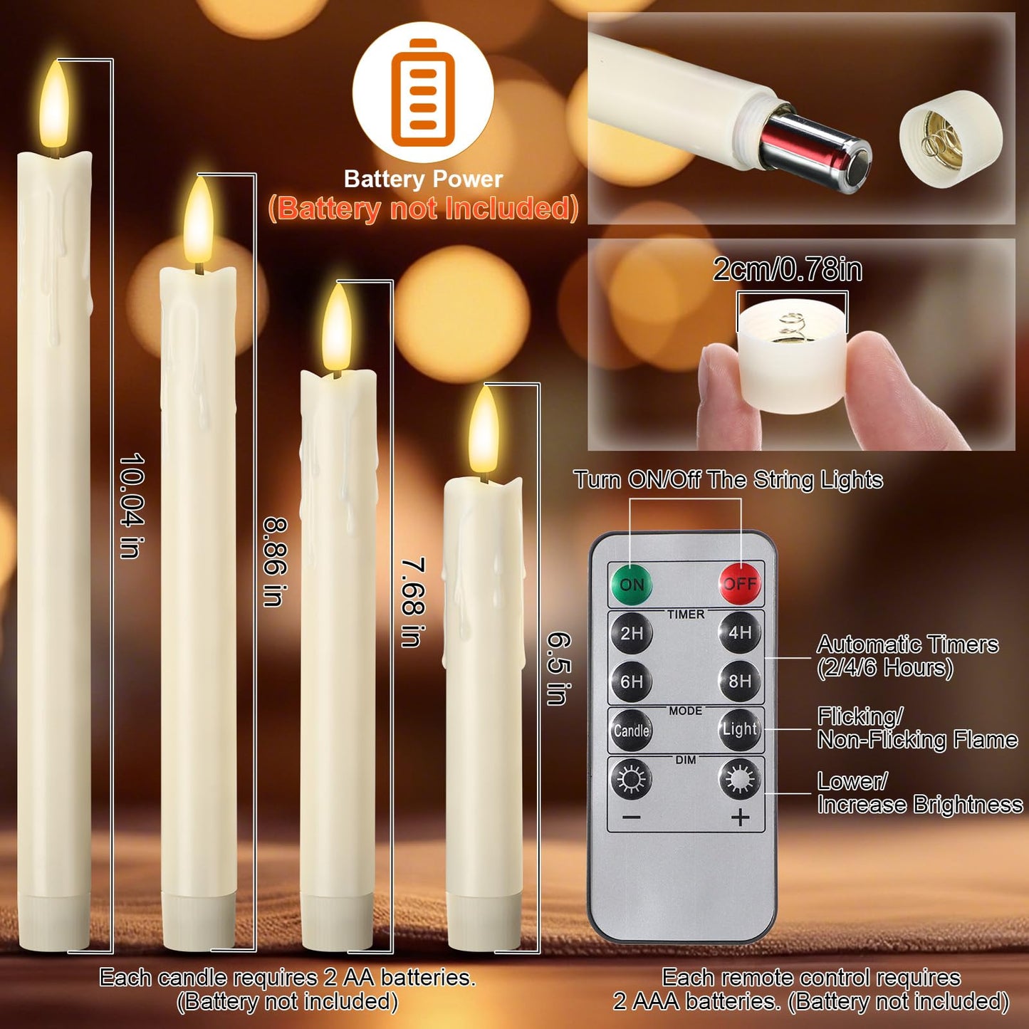 Retisee 20 Pcs Flameless Taper Candles with Timer Remote 6.5" 7.7" 8.9" 10" Plastic LED Candlesticks Battery Operated LED Candles for Indoor Home Wedding Christmas Decoration(Ivory)