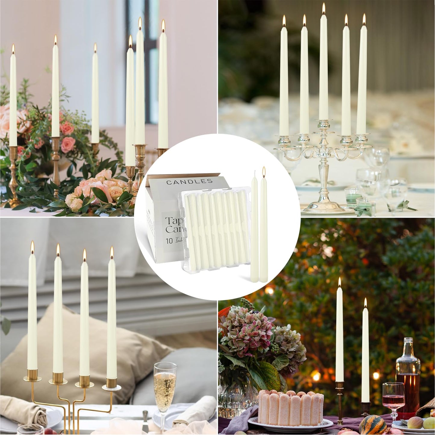 YOROXRG 100Pack Ivory Taper Candles, 7-8 Hours Burn Time, Unscented, Smokeless and Dripless, 0.75 x 10 Inch Dinner Candle Set for Household, Wedding, Party and Home Décor Candlesticks