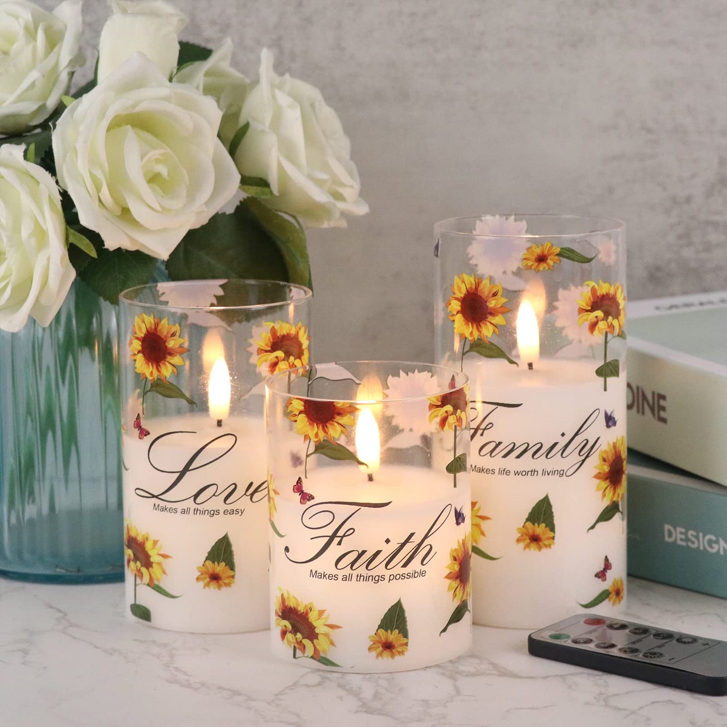 DRomance Sunflower Glass Flameless Candles with Remote Timer Battery Operated LED Pillar Candles Real Wax 3D Wick Flickering Warm Light Wedding Dinner Holiday Spring Candle 3 x 4,5,6 Inches