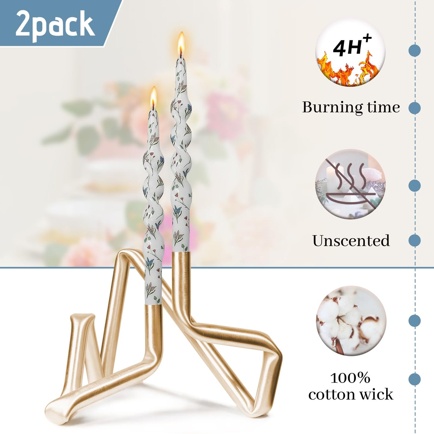 Printed Candlestick Floral Candle Sticks Spiral Taper Candle Long Twisted Candlesticks 10 Inch Hyacinth Tapered Candles for Home Wedding Holiday Party Set of 2