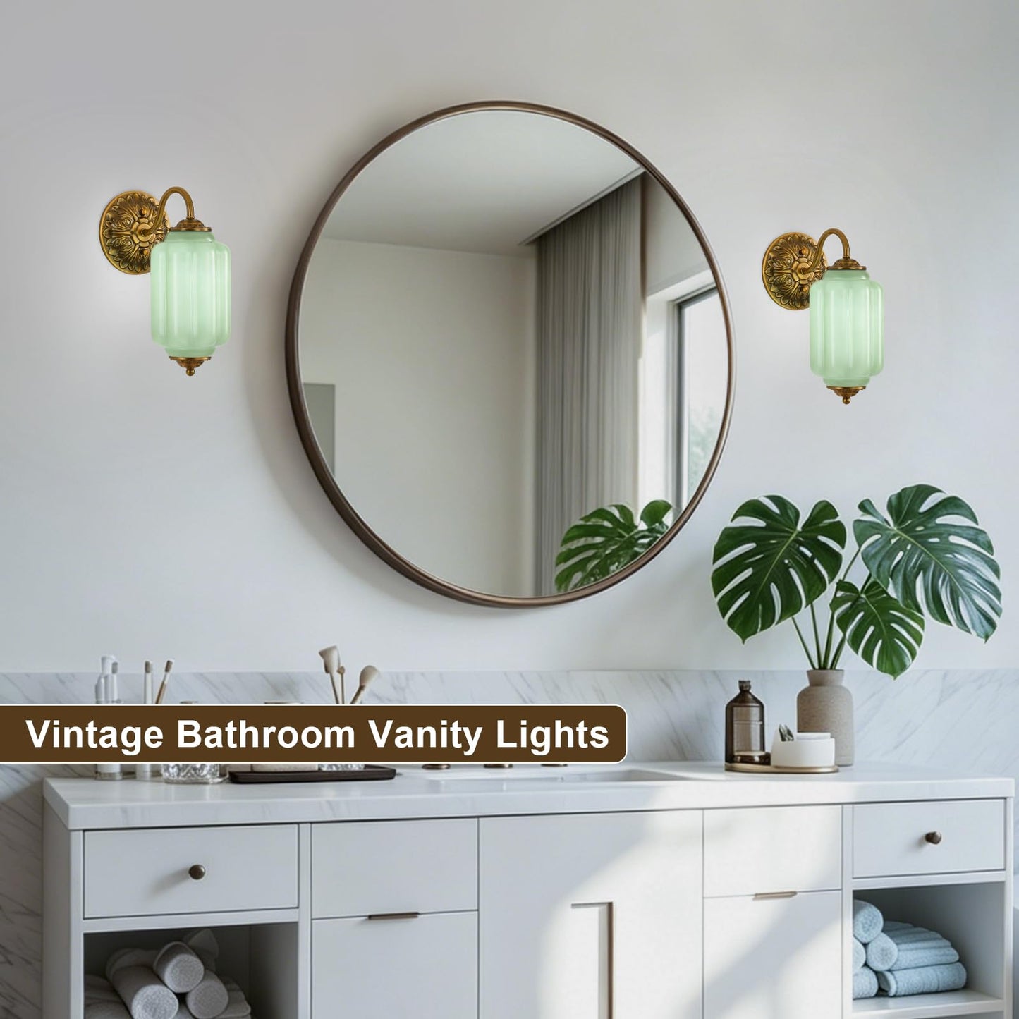 Pandaluna Vintage Wall Sconce, Green Milk Glass Light Fixture, 5.5In Art Deco Antique Wall Sconce for Bedroom Bathroom Living Room Hallway Entryway, E12 LED Bulb Included, Retro Gold & Green 2 Pack