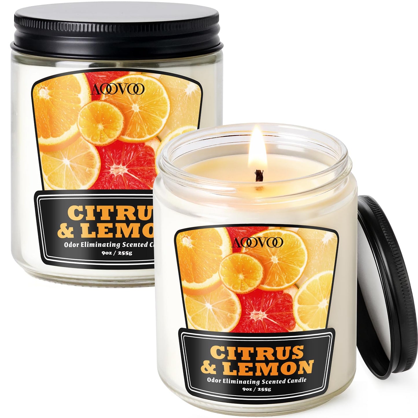 AOOVOO Citrus Lemon 2 Pack Odor Eliminating Candle - Up to 100 Hours Burn time, Eliminates 95% of Pet, Smoke, Food, and Other Smells Quickly, 18 oz Non Toxic Highly Fragranced Air Freshing Soy Candle