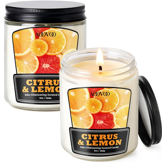 AOOVOO Citrus Lemon 2 Pack Odor Eliminating Candle - Up to 100 Hours Burn time, Eliminates 95% of Pet, Smoke, Food, and Other Smells Quickly, 18 oz Non Toxic Highly Fragranced Air Freshing Soy Candle