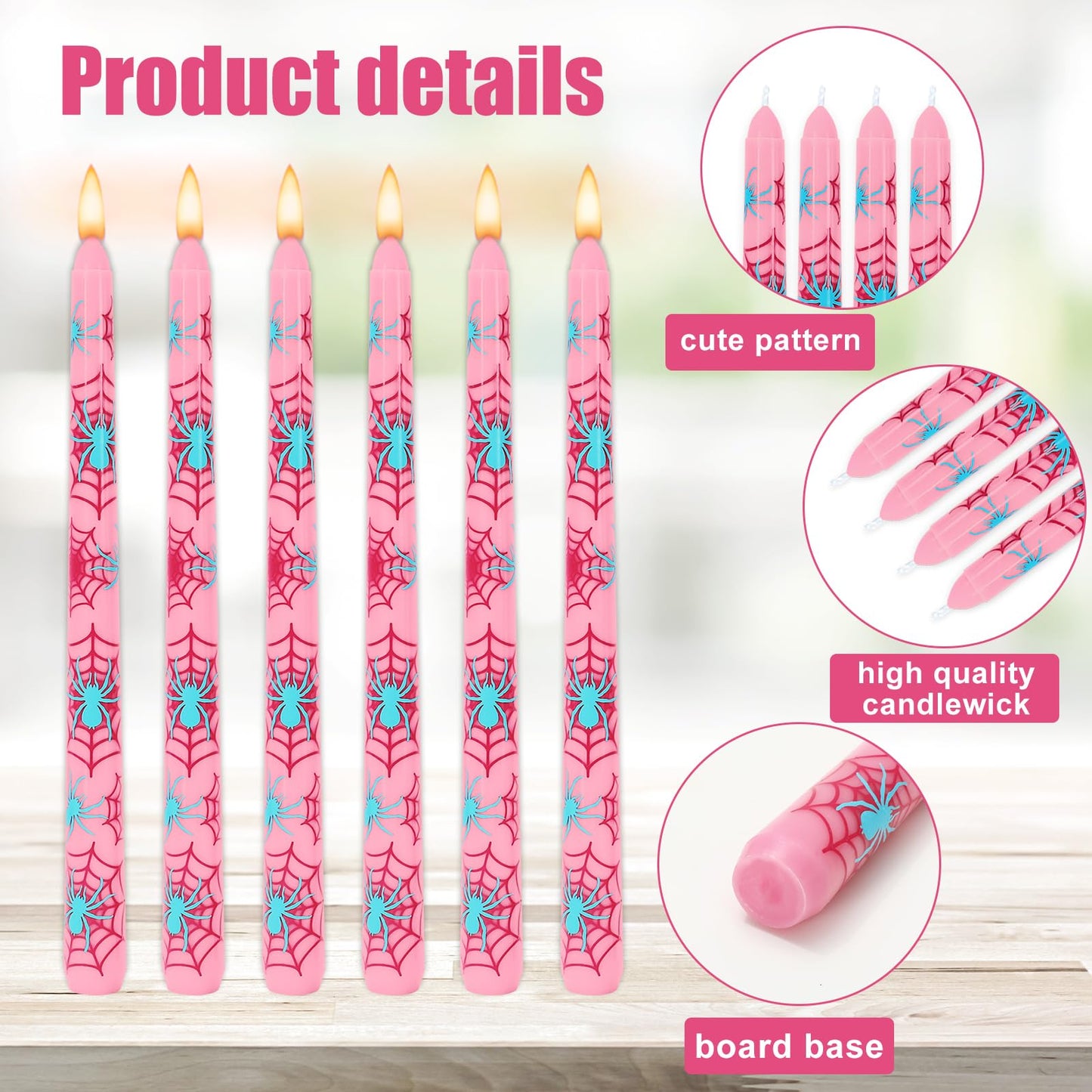 JarThenaAMCS 6Pcs Pink Spider Taper Candles 10 Inch Spider Web Birthday Decorative Candles Long Unscented Candle Sticks for Birthday Halloween Party Decor
