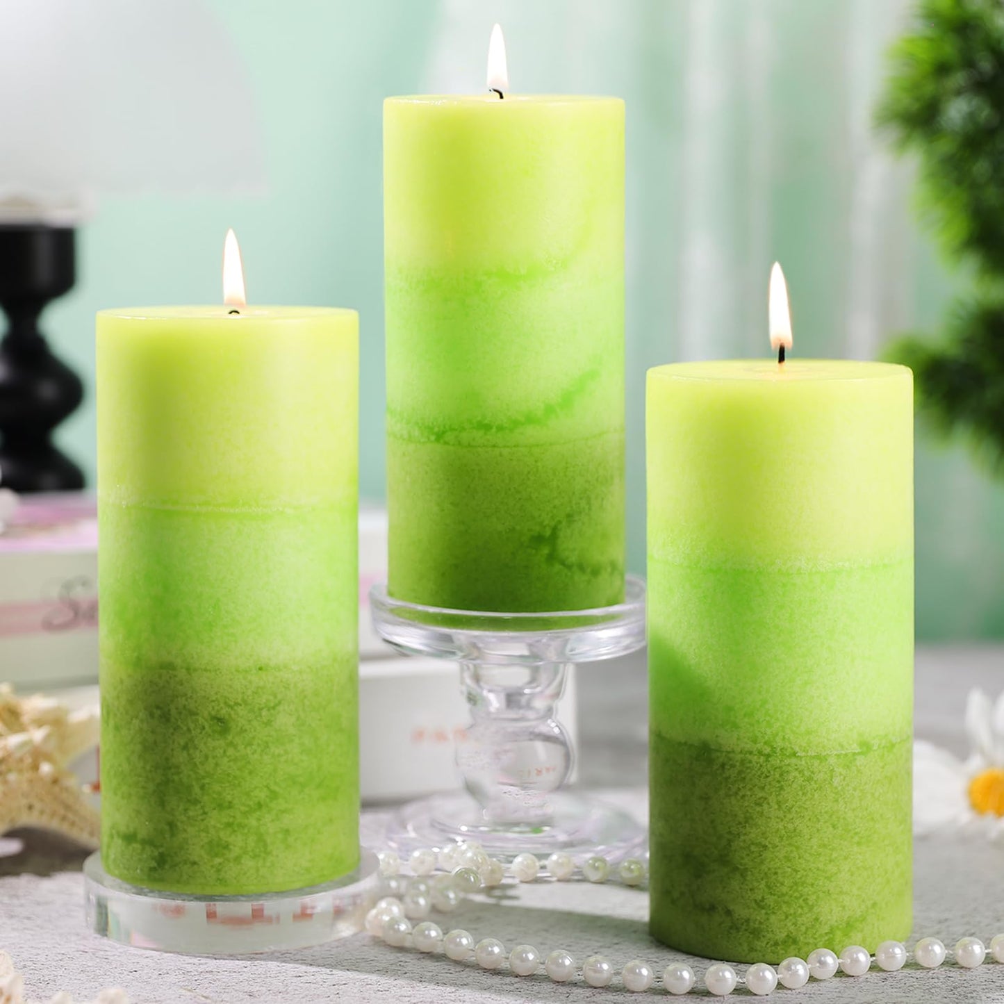 Sage & Citrus Scented Pillar Candles, 2.8x6 Inch Green Pillar Candle Natural Fragrance Candles 210H Long Burning Smokeless Pillar Candle for St. Patrick's Day Home Decor Wedding, 3 Pack