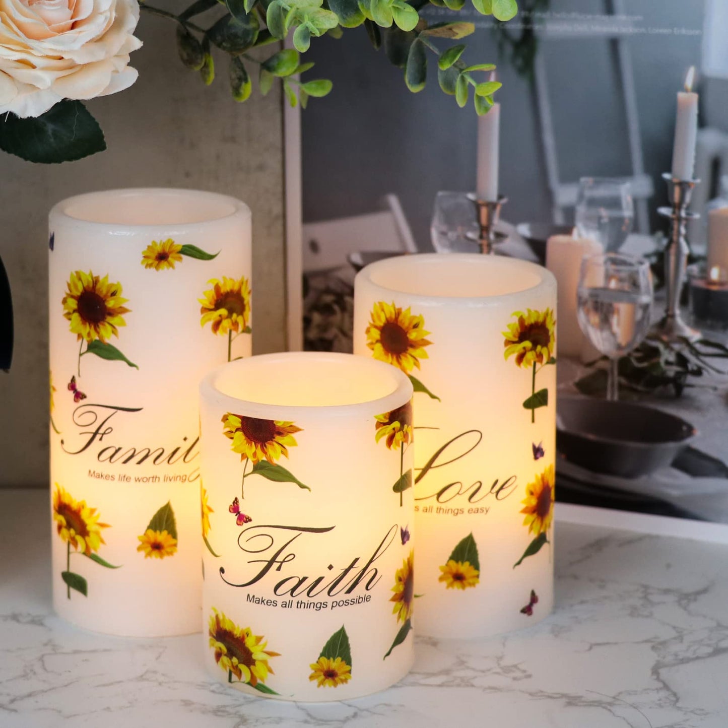 DRomance Sunflower Flameless Flickering Candles with 6H Timer, Set of 3 Battery Operated White Real Wax LED Pillar Candles Party Dinner Wedding Spring Decor(3 x 4,5,6 Inches)