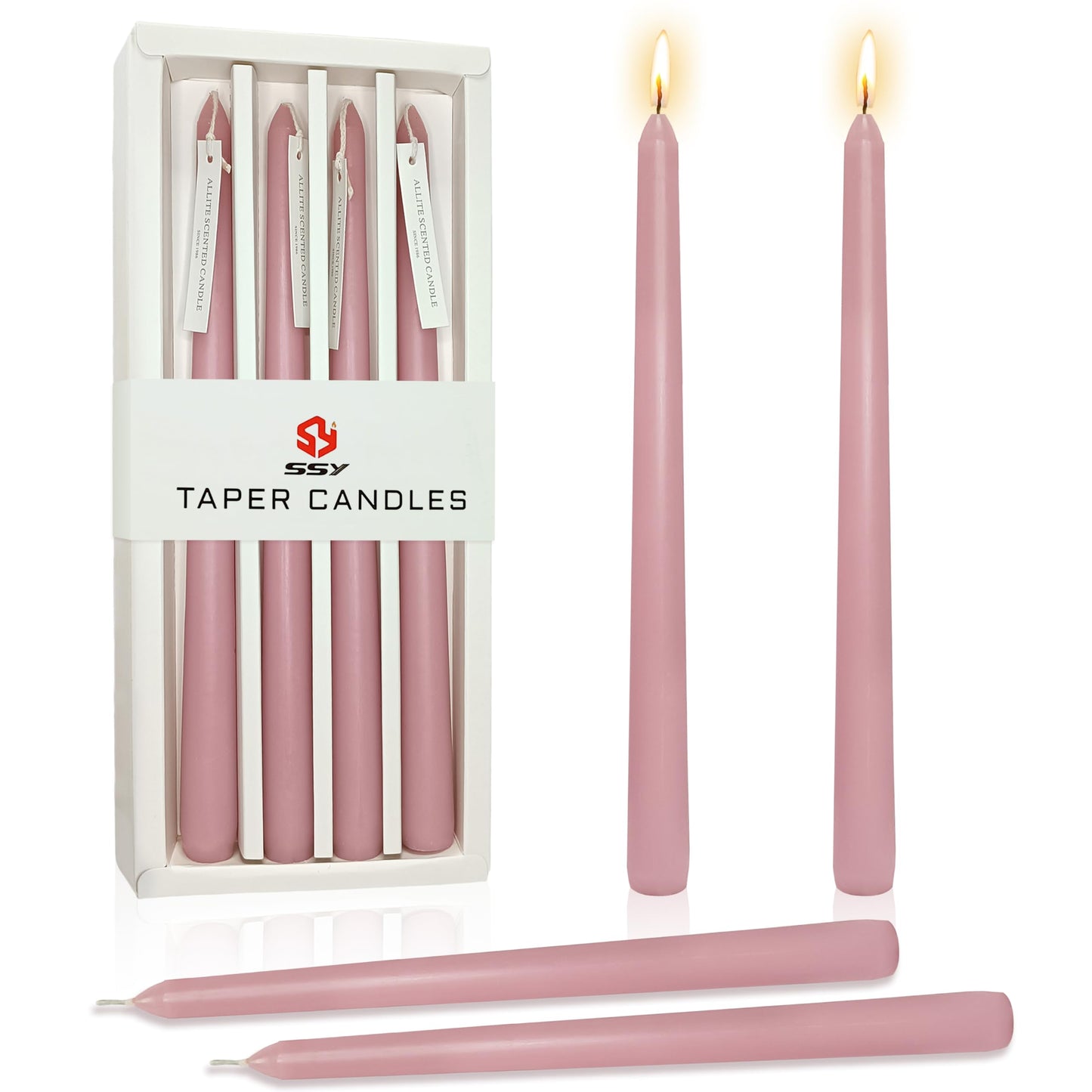 10 Inch Taper Candles Handmade Smokeless Set of 4 – Rose Scent Tapered Candles in Pink, Candle Sticks for Wedding, Home Decor, and Dinner Table