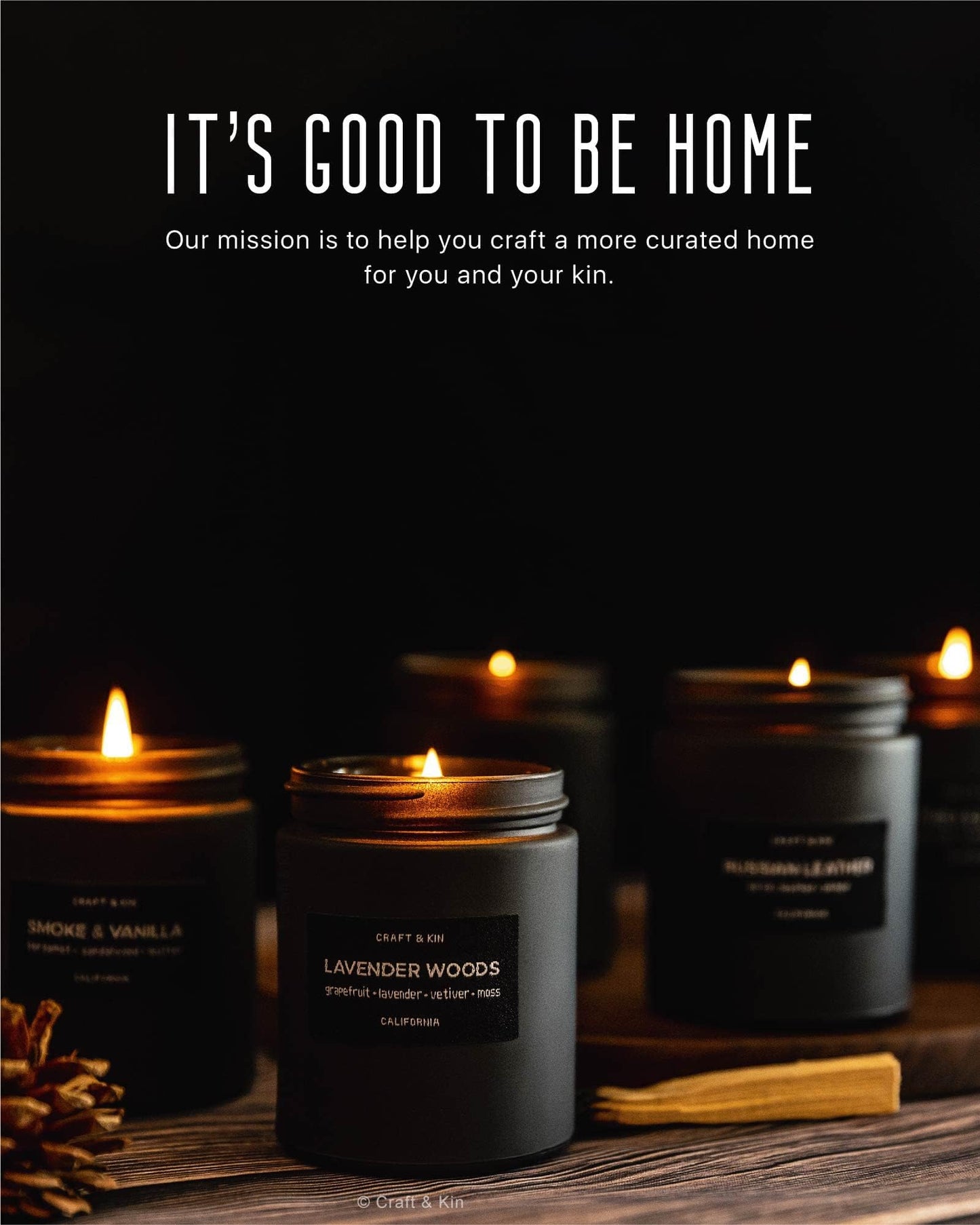 Craft & Kin Premium Smoke & Vanilla Candle | Black Scented Candles for Men | Long Lasting with 45 Hour Burn Time, 7.6oz | Soy Candle | Aromatherapy at Home | Gifts for Men
