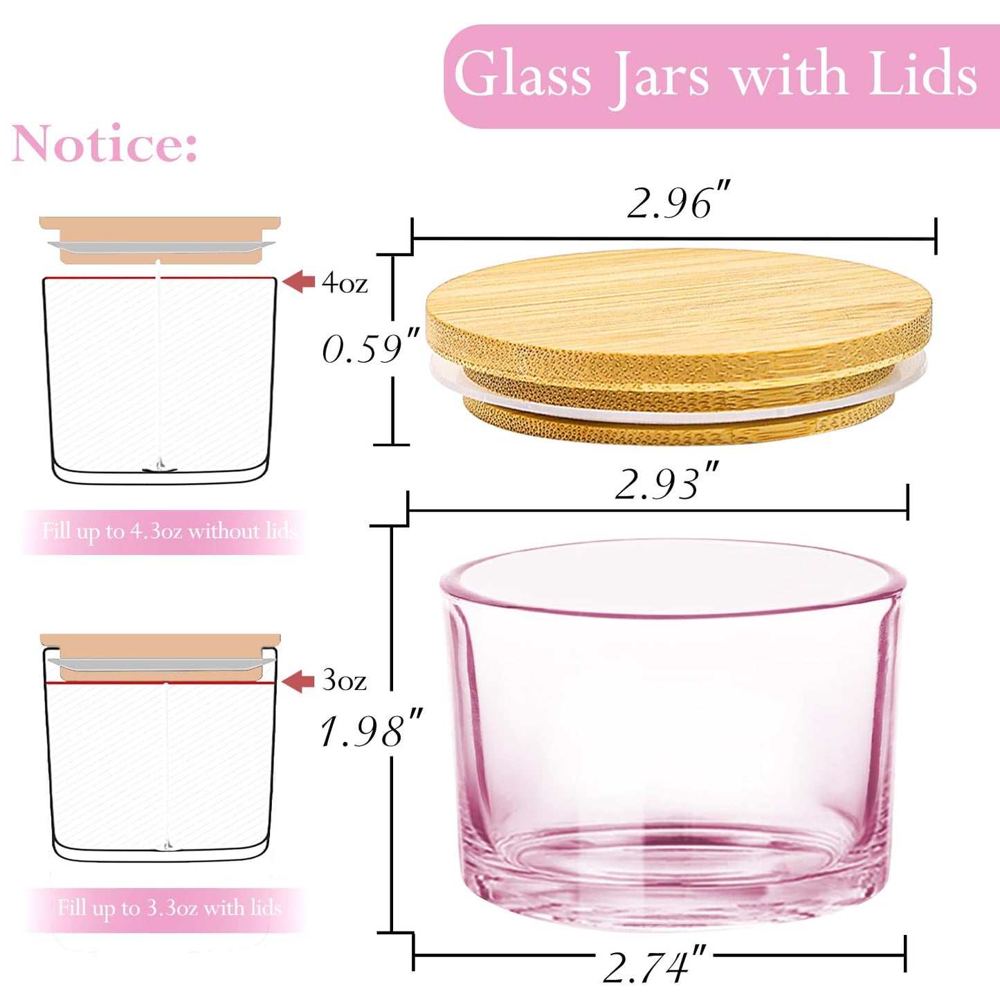 CONNOO 15 Pack 4 OZ Pink Glass Candle Jars with Airtight Bamboo Lids for Making Candles, Bulk Small Wide Mouth Empty Candle Containers with Sticky Warning Labels - Dishwasher Safe