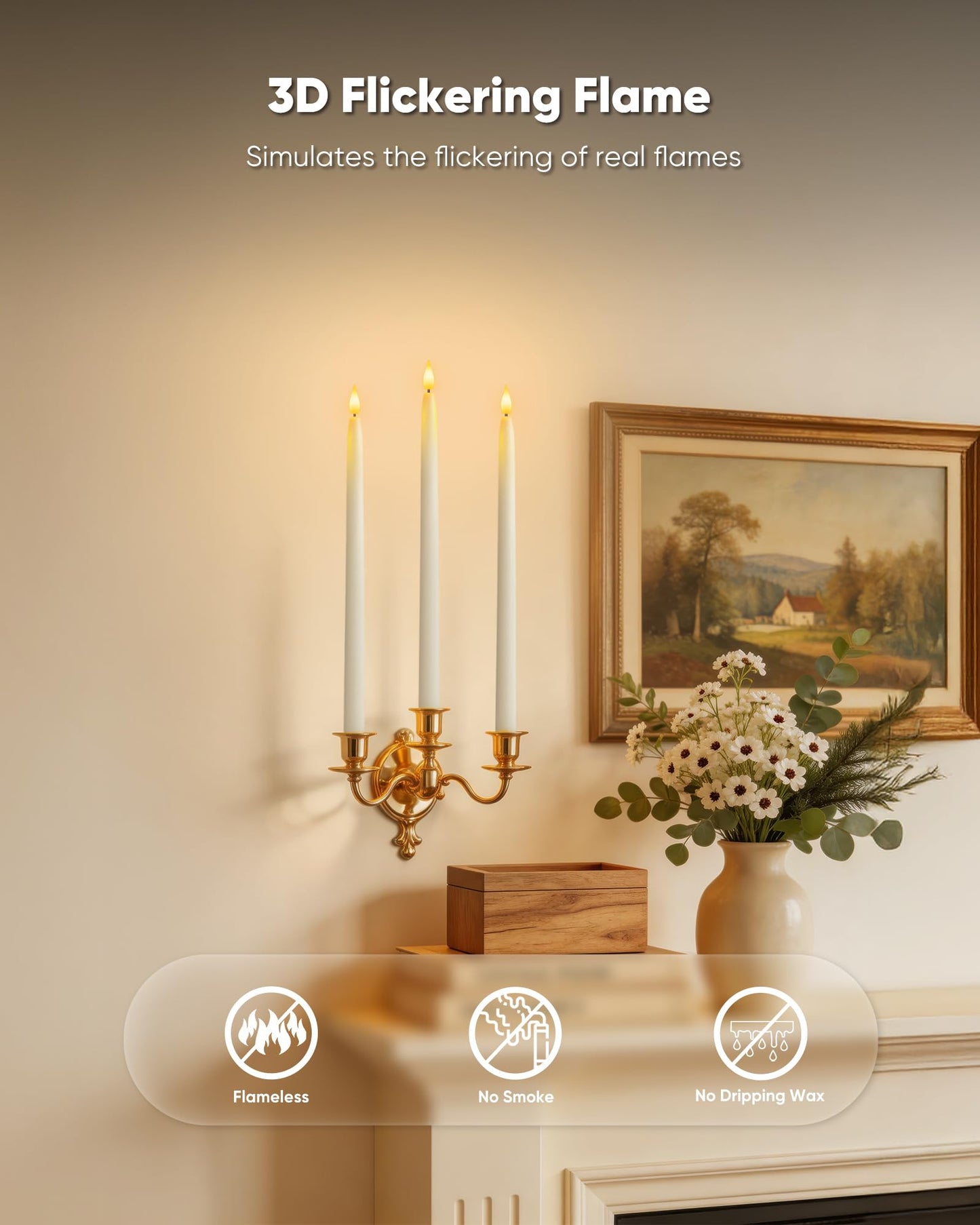 Homemory 15 inches Real Wax Flameless Taper Candles with Remote Timer, 6 Pcs White LED Taper Candles Battery Operated with 3D Flickering Flame, Window Candle Led Candlesticks for Dinners Home Decor