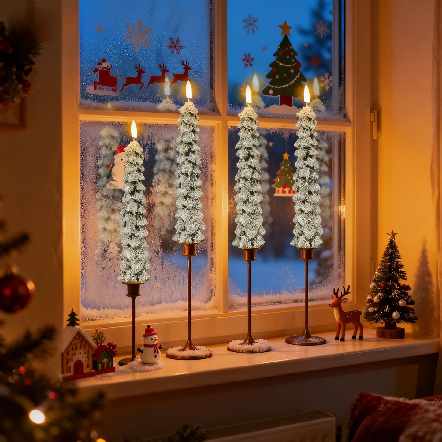 DRomance Christmas Tree Flameless Taper Candles with Remote Timer Battery Operated Flickering LED Candlesticks Real Wax Snowflake Glitters Holiday Indoor Decor(4 Pack, 0.78" D x 9.8" H)