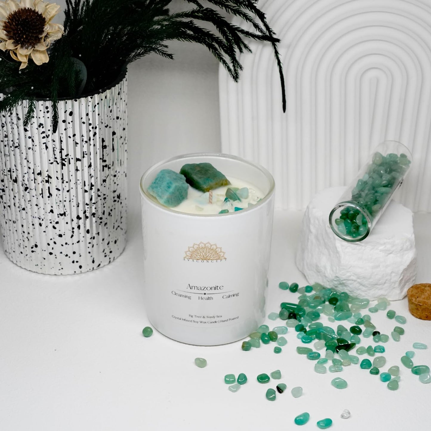 Ava Concept Amazonite Crystal Candle – 10oz / 280g Fig Tree & Sandy Sea Aromatherapy Hand-Poured Soy Wax Genuine Amazonite Healing Crystals Embedded Cleansing, Health & Calming Gift Box Included