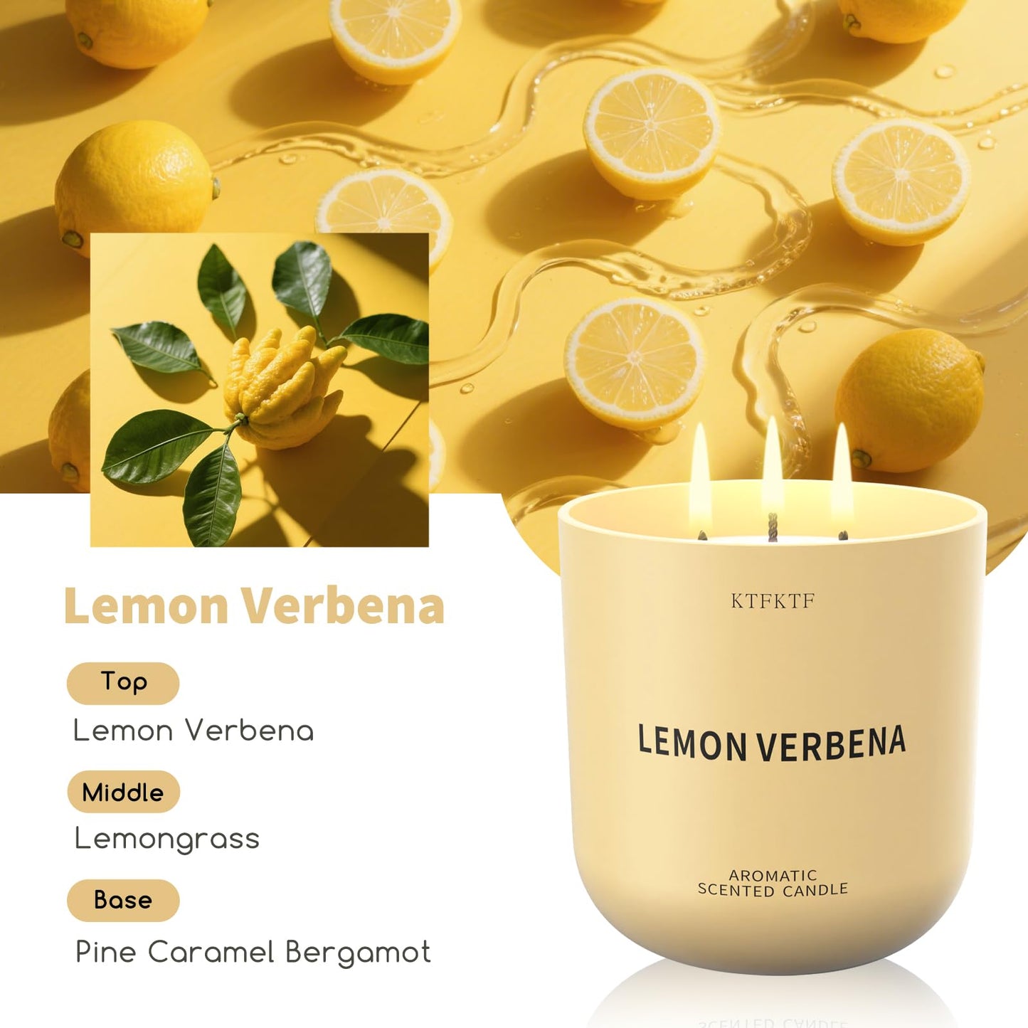 KTFKTF Lemon Verbena Scented Candle for Home, 14.2oz 80H Long Lasting Aromatherapy Candles for Energy & Focus, Non-Toxic Essential Oil & Soy Wax | Citrus & Herbal Freshness