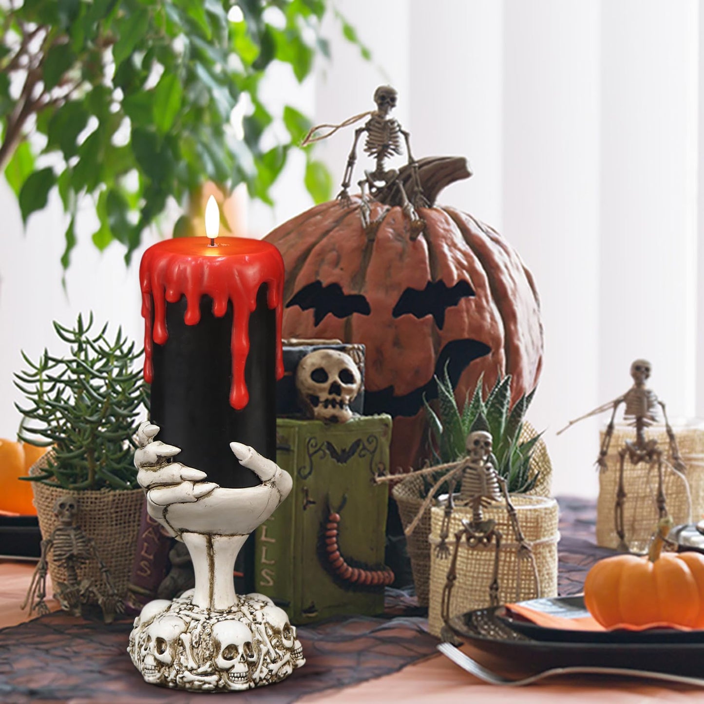 Lasumora Halloween Decorations Black Flameless Candles with 6H Timer, Battery Operated Candles with Skull Hand Candle Holder, Real Wax Dripping Halloween Candle Spooky Halloween Decor Indoor