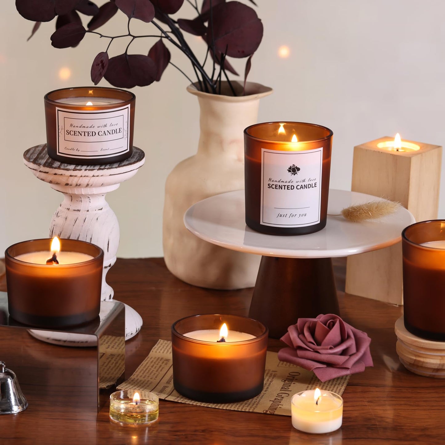 sunnyfuture 16 Pack Forsted Amber Candle Jars, 8pcs 7oz + 8pcs 4oz Candle Jars for Making Candles with Wooden Lids and Labels for DIY, Gifts, Home