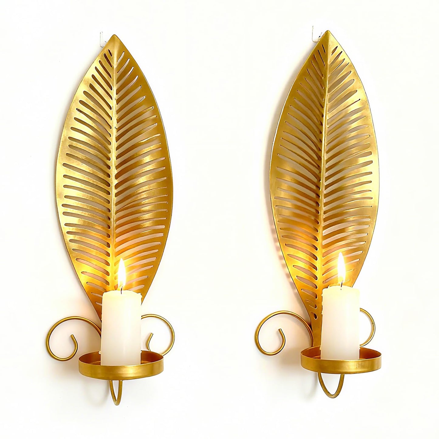Farmhouse Wall Candle Sconces Vintage Metal Leaf Candle Holder, Set of 2 Wall Candlestick Mounted for Hallway Fireplace Bedroom Living Room (Gold)