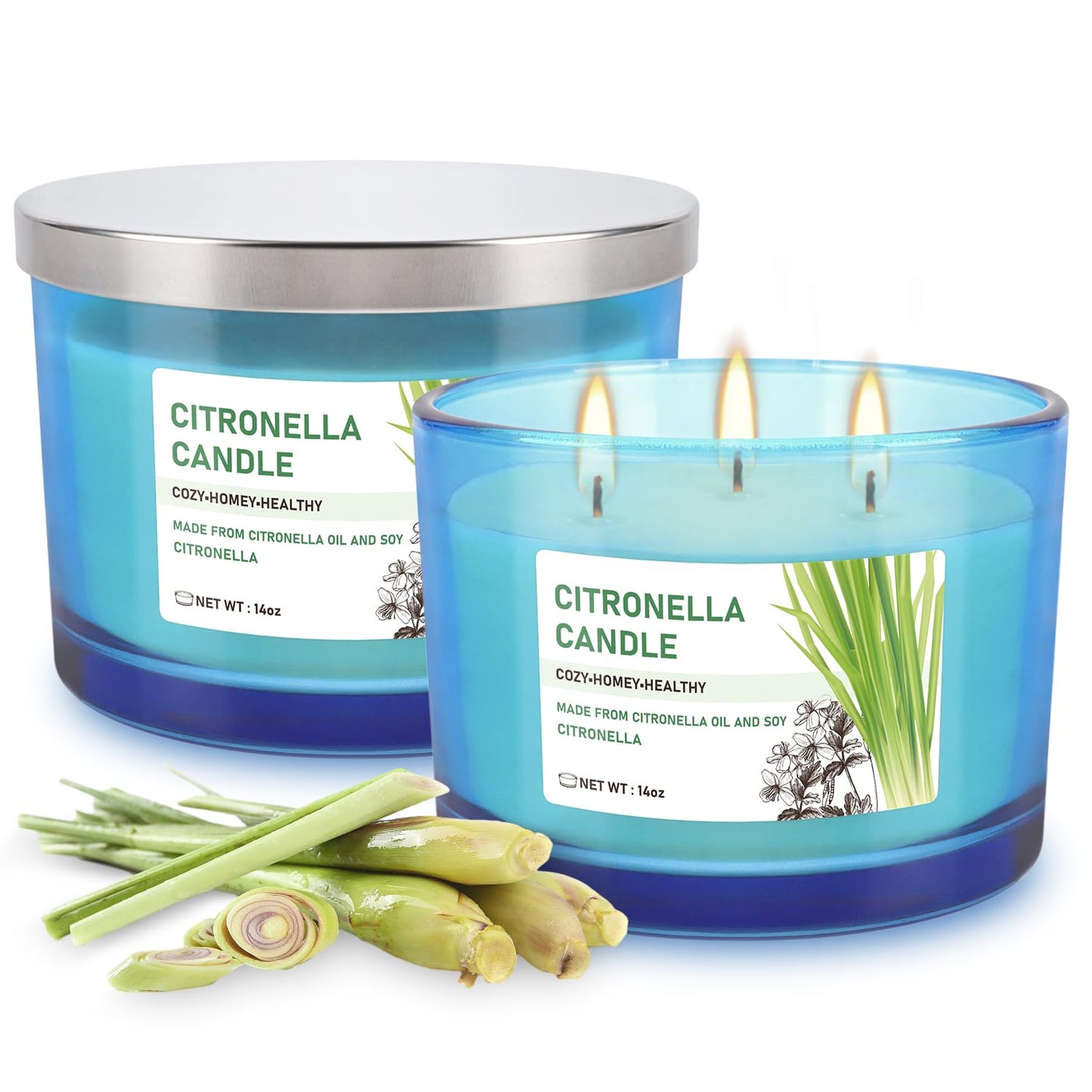 2x14oz Large 3-Wick Outdoor Indoor Citronella Candles, Long Lasting to 30 Hours, Scented Natural Soy Candle for Garden Camping Party Yard Balcony