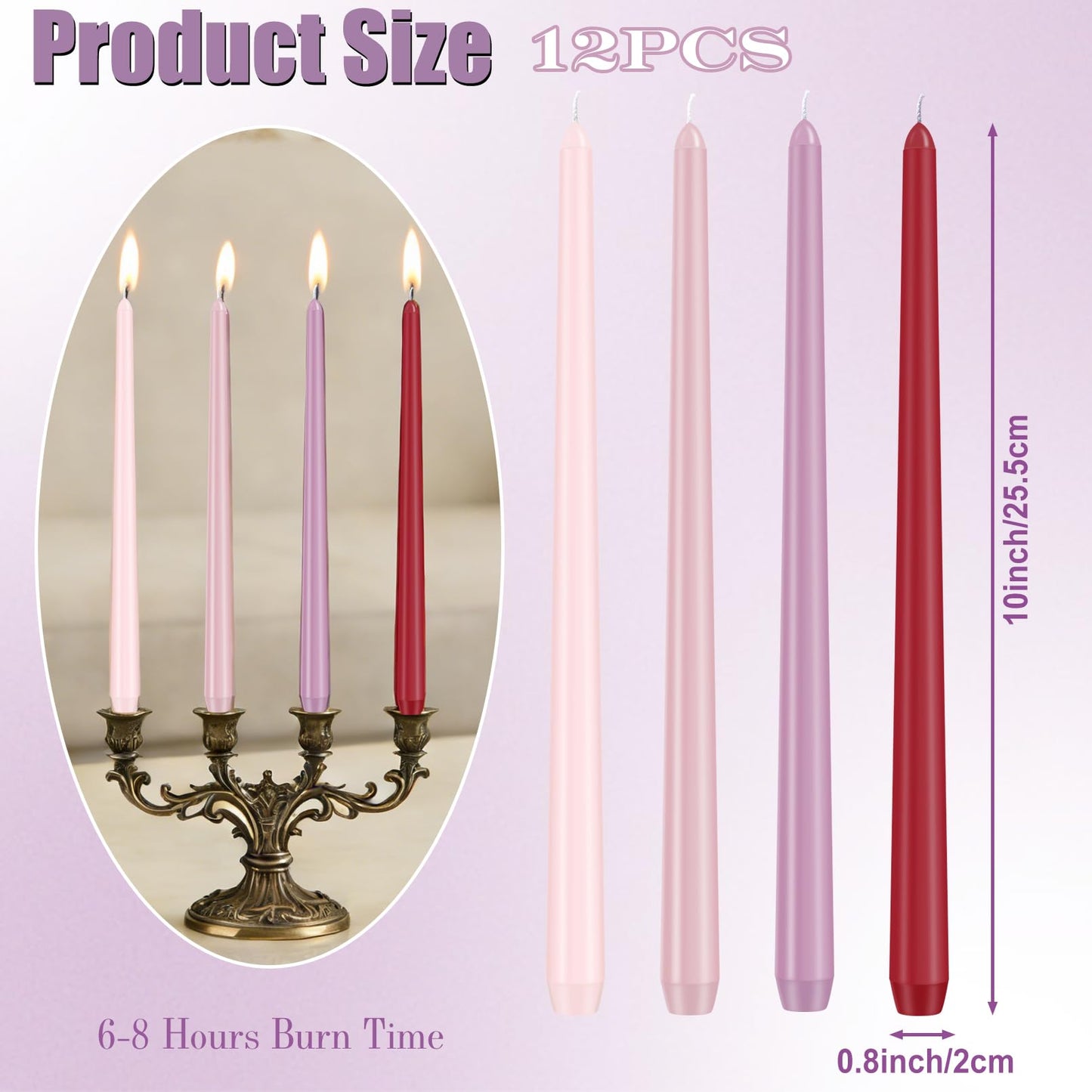 Xvvirnt 12 Pack Taper Candles, 10 inch Pink Gradient Taper Candle, Dripless and Smokeless Long Tall Tapered Candles, Unscented Dinner Candle for Wedding Party Home Decor Candlesticks