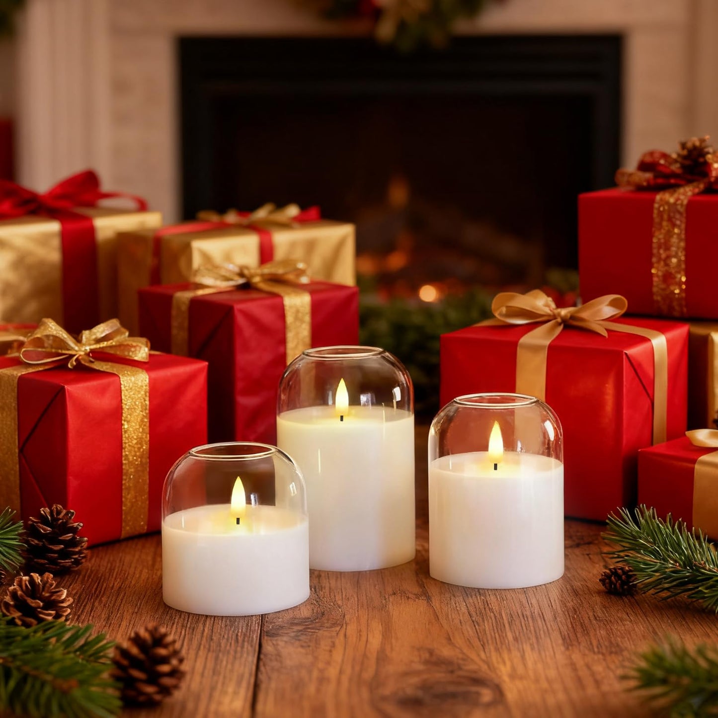 Homemory Glass Flameless Candles, Battery Operated Plliar Candles Realistic Flickering, LED Electric Light with Remote and Timer for Home, Christmas Decoration, White, Set of 3