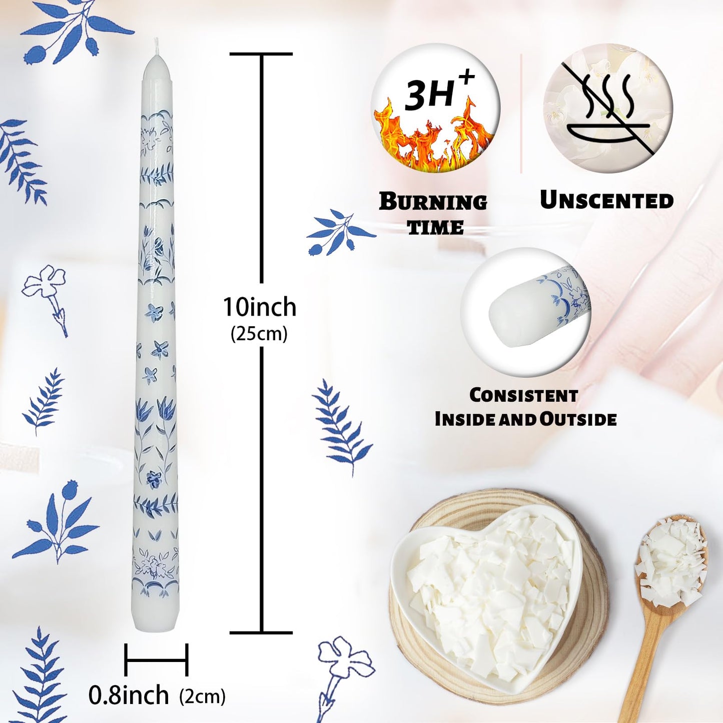 Floral Taper Candles 10 Inch Tall Unscented Handmade Blue and White Rural Pattern Print Long Burning Elegant Candlesticks for Wedding Dinner Home Decor