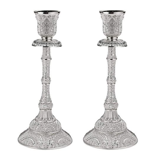 OwnMy Set of 2 Taper Candle Holders Vintage Metal Pillar Candlestick Holders 7.4”, Elegant Brass Candle Stick Holders Decor Candelabra Set for Dining Table Centerpieces Wedding Home Decoration, Silver