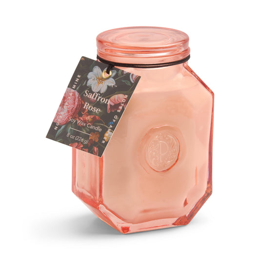 Paddywax Botanica Scented Candle with Lid in Reusable Embossed Glass Jar, Clean-Burn Soy Candle with Approx. 56 Hour Burn Time, Saffron Rose, 8 oz