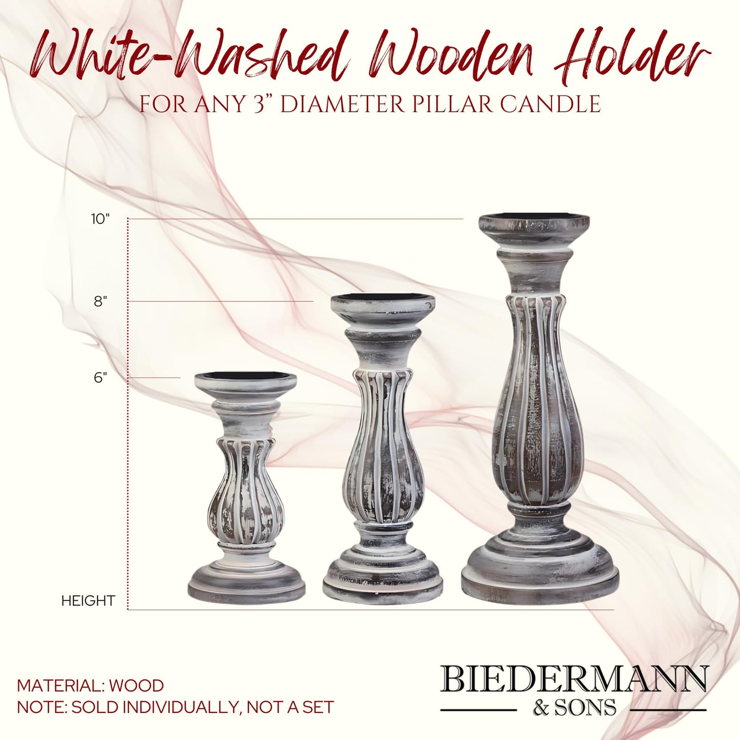 Biedermann & Sons Washed Wooden Pillar Candle Holder, White, 10 Inch Tall, Fits Up to 3 Inch Pillar Candles, Decorative Candle Pedestal for Shelves and Centerpieces