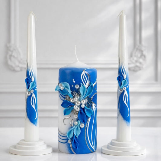 Magik Life Unity Candle Set - Wedding Ceremony & Reception – 6” Pillar & Two 10” Taper Candles – Long Burning Unity Candles for Marriage Ritual – Handmade in USA –White | Royal Blue