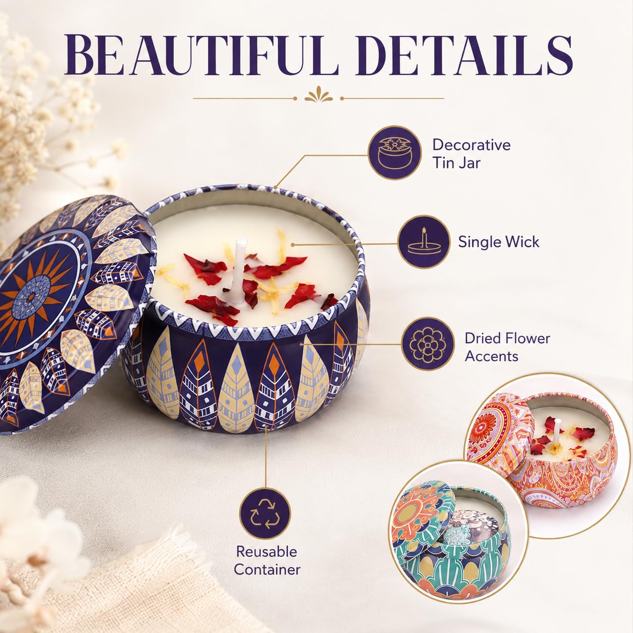 Scented Candles Gift Set for Women, 4 Pack Soy Wax Aromatherapy Candles, Lavender Lemon Vanilla White Peach Mini Tin Candles for Home, Bath, Spa, Travel, Gifts for Mom Her
