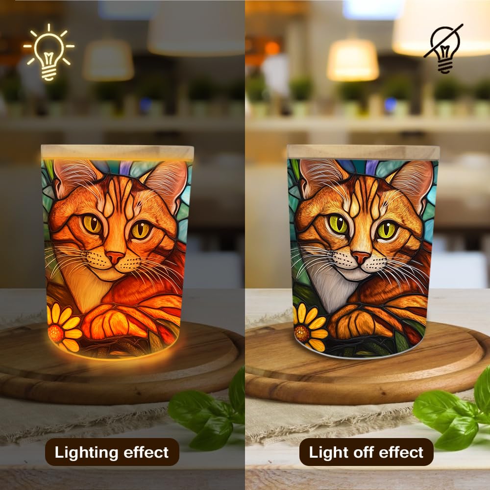 Stained Glass Cat LED Candle Holder with Bamboo Lid, Decorative Tea Light Jar, Orange Ginger Cat Design, 3.5x2.8 Inches