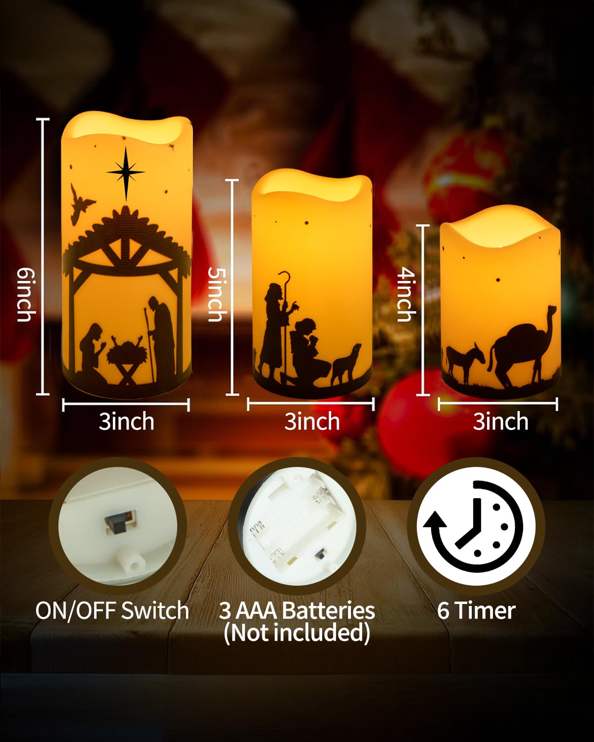 Glflickerow Christmas Nativity Scene Decorations Candle LED Flameless Candles with Timer for Xmas Holiday Home Decor Supplies Set of 5 (Beige)