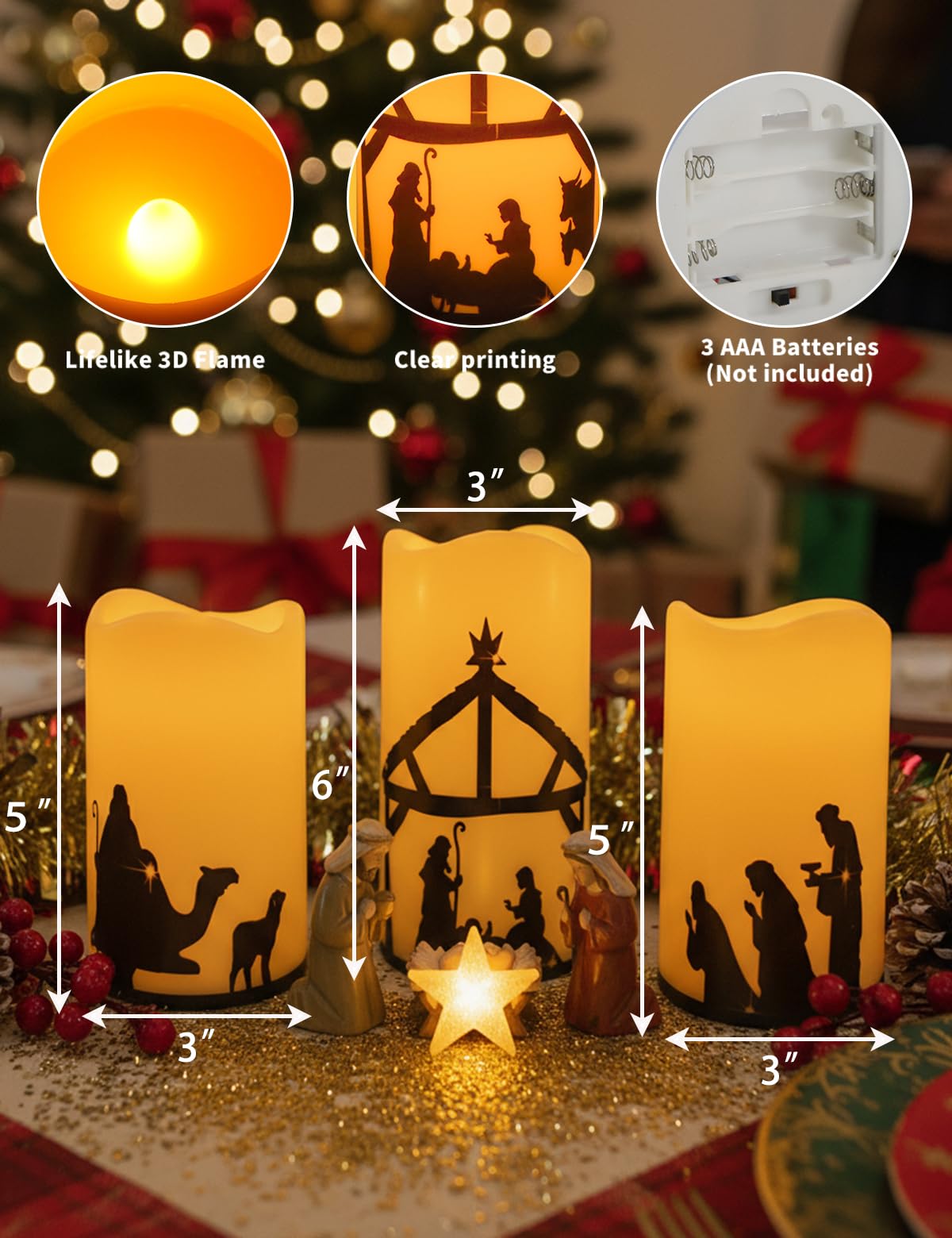 Glflickerow 3 Pcs Christmas Nativity Scene Candles with Timer Remote Battery Operated Led Pillar Religion Flameless Candles for Xmas Holiday Home Decor