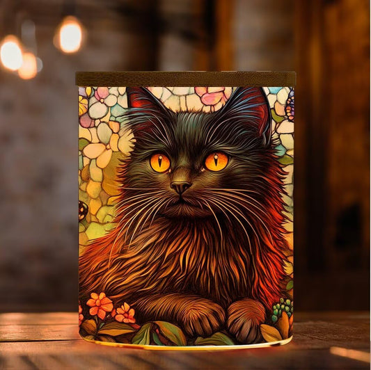 Stained Glass Black Cat Memorial Tea Light Holder Candle Jar Vintage Glass Candlesticks, Animal Votive Candle Holders Tealight with Bamboo Lid, Colorful Flowers Tea Light Holder for Lost Pet