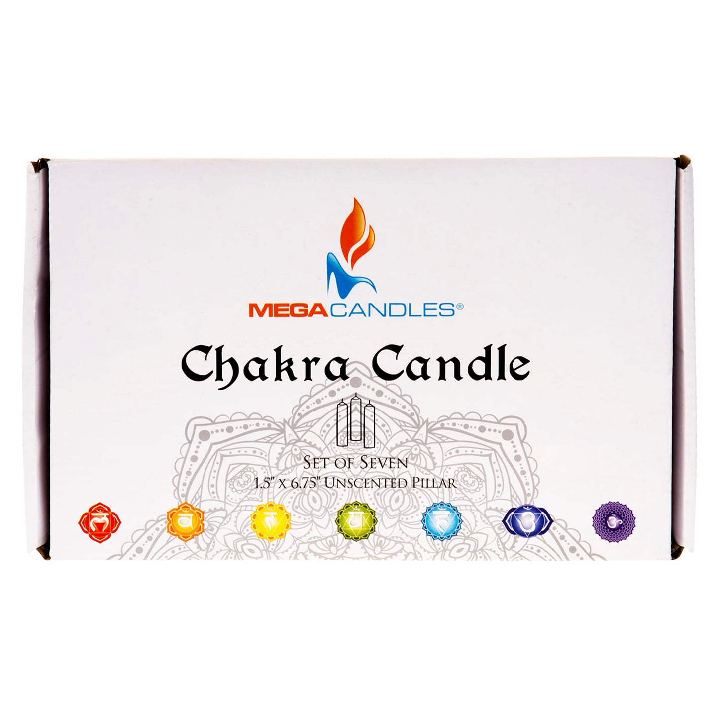 Mega Candles 7 pcs Unscented Bell Top Pillar Chakra Candles, Hand Poured Premium Wax Candle 1.5 Inch x 6.75 Inch, 100% Cotton Wick, Positive Healing Energy, Meditation, Relaxation, Reiki, Yoga