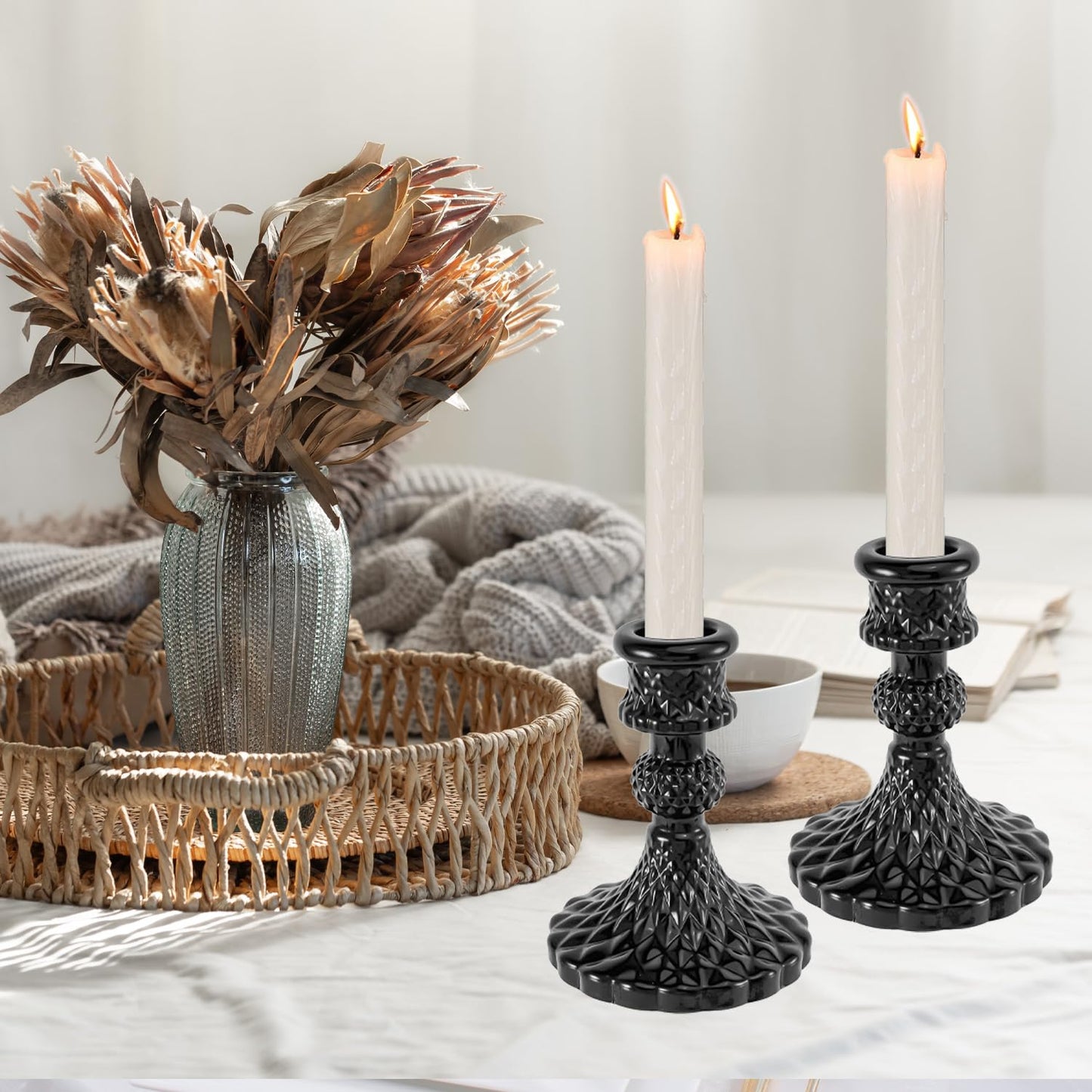 Glass Candlestick Holders Set of 2，Taper Candle Holders Fit 0.8 Inch Candles, Crystal Decorative Candle Stand Centerpiece for Table Wedding Dinning Party 4 Inch Tall (Black)